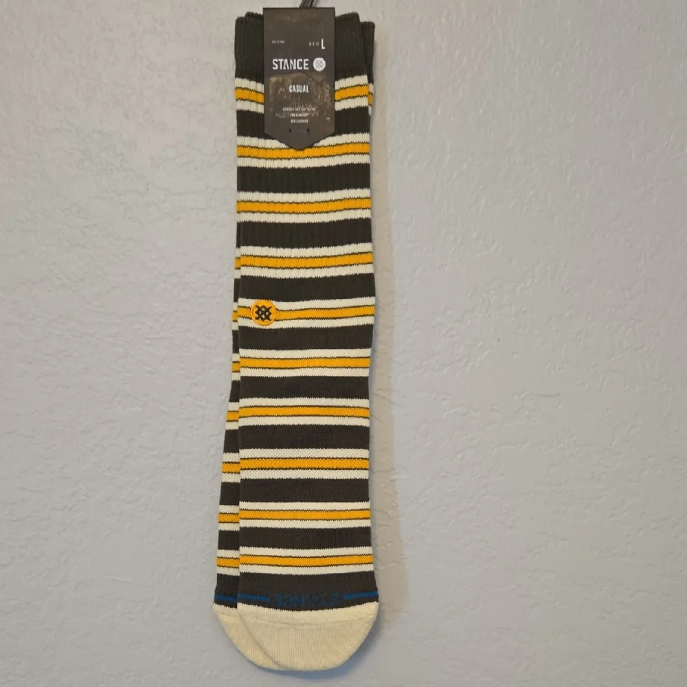 Stance Casual Striped Socks - Olive Green, Yellow, Cream, Mens L 9-13, Cotton